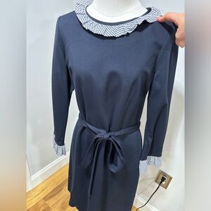 Navy blue poplin 1901 size 12 dress with tie waist and striped collar